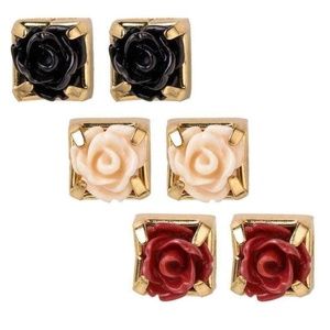 NEW American Rag 3 Pairs of Stud Earrings Gold-Tone Black Pink & Red Rosebud